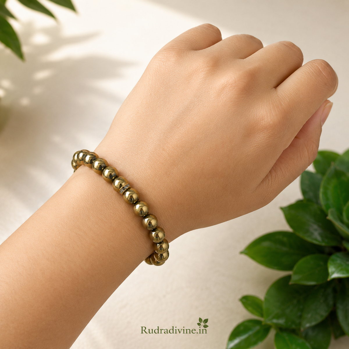 Golden Pyrite Bracelet with natural 8MM beads in a stretchable design and official Lab Certificate by Rudradivine for prosperity, abundance and spiritual wellness.