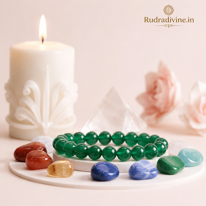 Green Agate Bracelet 8MM Beads crafted with natural Blue Agate gemstones and official Lab Certificate by Rudradivine for emotional balance, protection, and spiritual wellness.