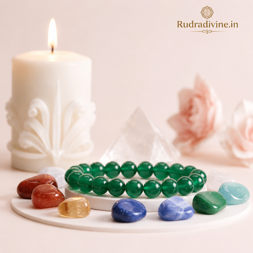 Green Agate Bracelet 8MM Beads crafted with natural Blue Agate gemstones and official Lab Certificate by Rudradivine for emotional balance, protection, and spiritual wellness.