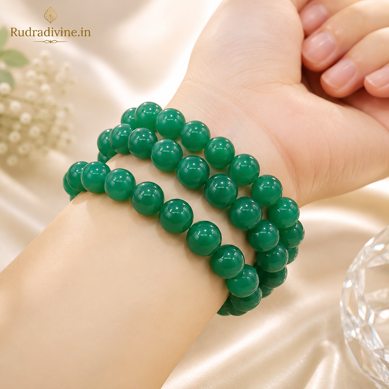 Green Agate Bracelet 8MM Beads crafted with natural Blue Agate gemstones and official Lab Certificate by Rudradivine for emotional balance, protection, and spiritual wellness.