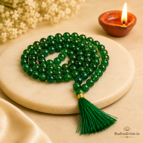 Green  Agate Mala 108+1 Beads crafted with natural 8MM Green Agate gemstones and official Lab Certificate by Rudra Divine for meditation, mantra chanting and spiritual wellness.