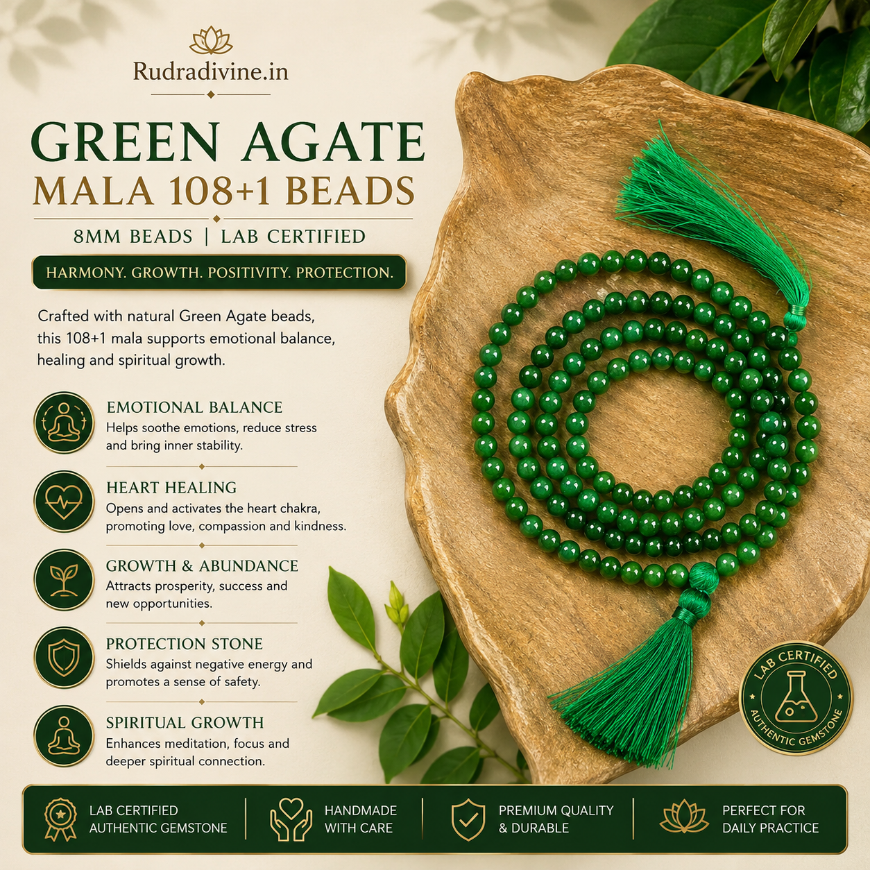 Green  Agate Mala 108+1 Beads crafted with natural 8MM Green Agate gemstones and official Lab Certificate by Rudra Divine for meditation, mantra chanting and spiritual wellness.
