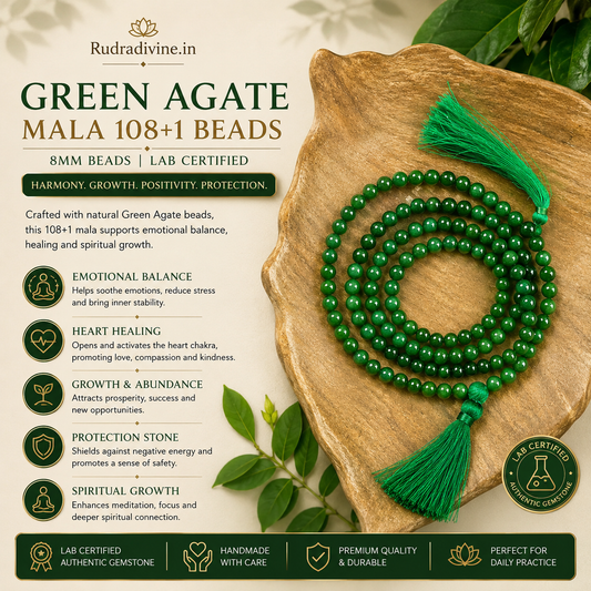 Green  Agate Mala 108+1 Beads crafted with natural 8MM Green Agate gemstones and official Lab Certificate by Rudra Divine for meditation, mantra chanting and spiritual wellness.