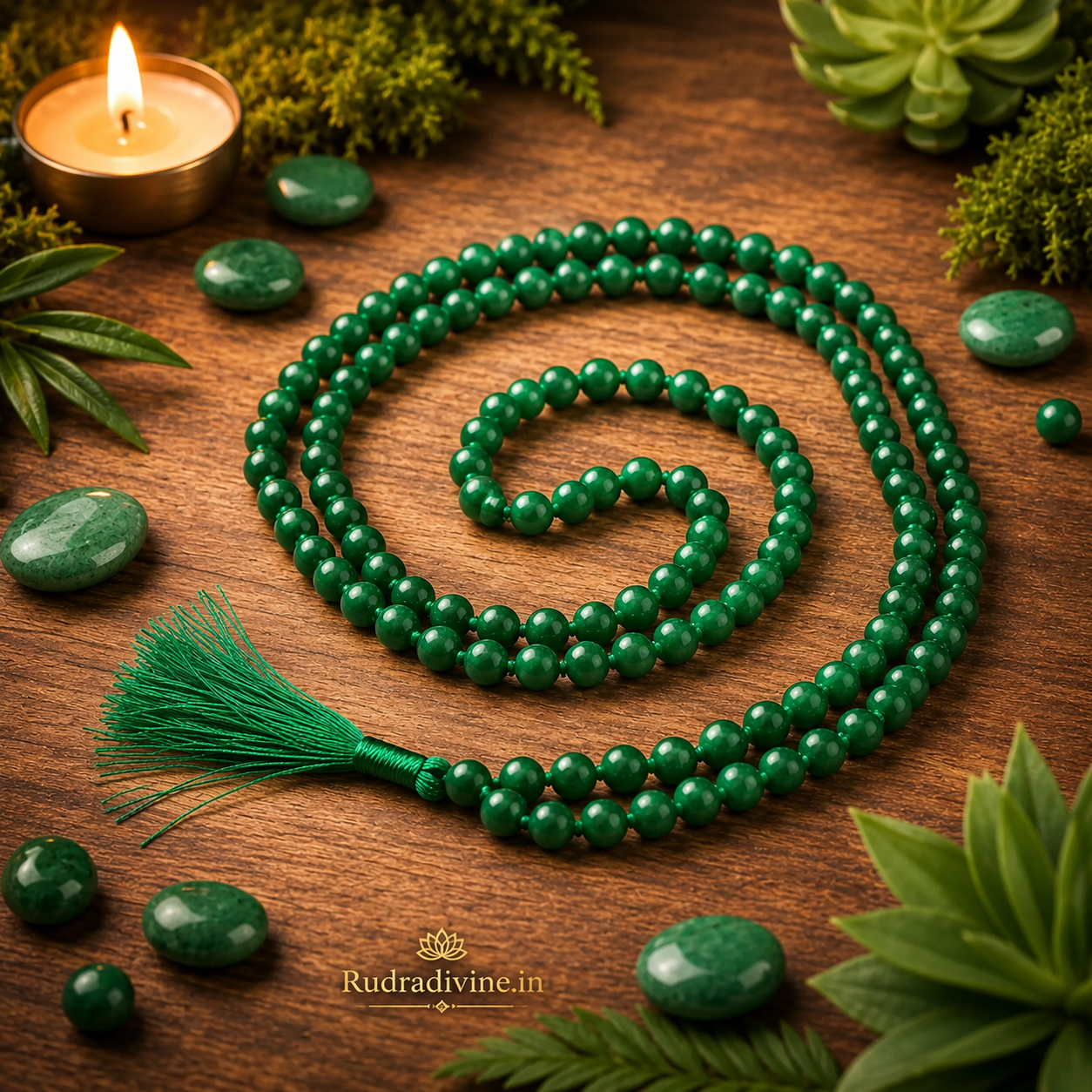 Green  Agate Mala 108+1 Beads crafted with natural 8MM Green Agate gemstones and official Lab Certificate by Rudra Divine for meditation, mantra chanting and spiritual wellness.