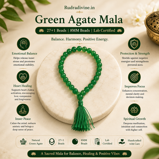 Green Agate Mala 27+1 Beads crafted with natural 8MM Green Agate gemstones and official Lab Certificate by Rudra Divine for meditation, mantra chanting and spiritual wellness.