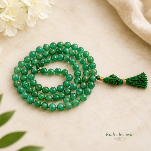 Lab Certified Green Agate Mala 54+1 Beads 8mm crafted with natural Green Agate gemstones by Rudra Divine for meditation, mantra chanting and spiritual wellness.