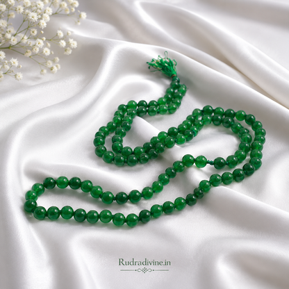 Lab Certified Green Agate Mala 54+1 Beads 8mm crafted with natural Green Agate gemstones by Rudra Divine for meditation, mantra chanting and spiritual wellness.