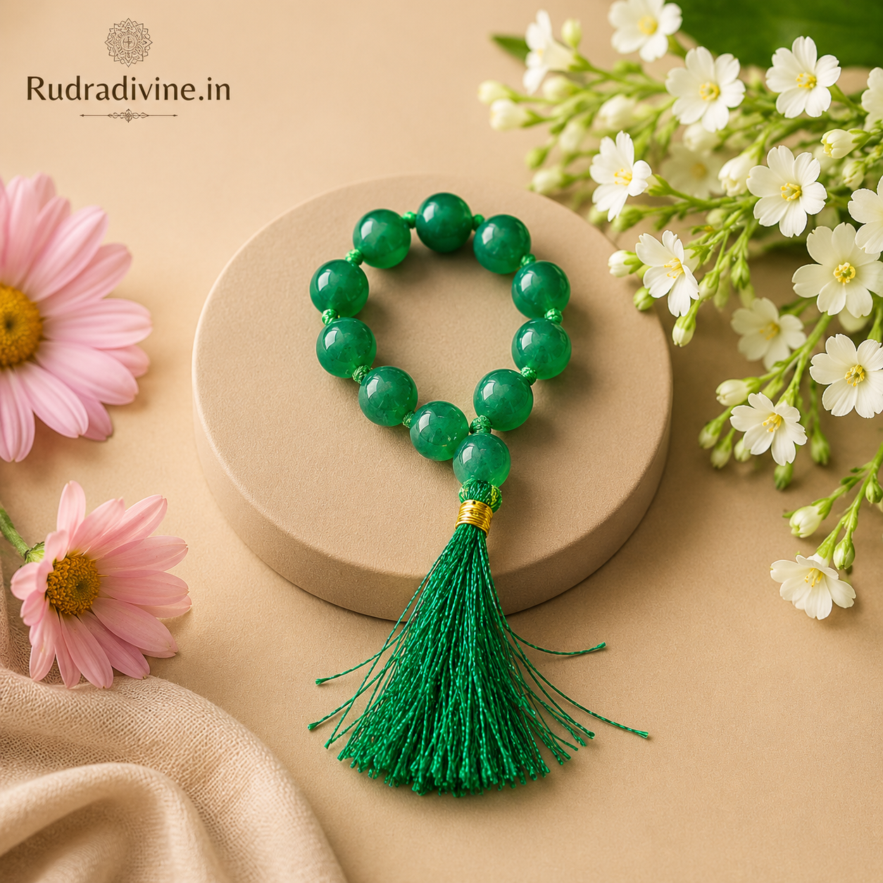 Green Agate Mala 9+1 Beads crafted with natural 8mm Green Agate gemstones and official Lab Certificate by Rudradivine.in for confidence, protection and meditation