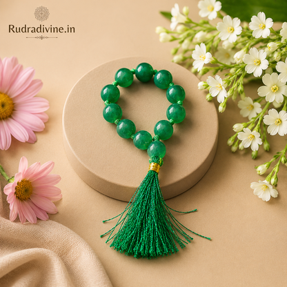 Green Agate Mala 9+1 Beads crafted with natural 8mm Green Agate gemstones and official Lab Certificate by Rudradivine.in for confidence, protection and meditation