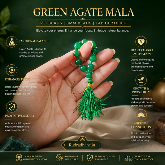 Green Agate Mala 9+1 Beads crafted with natural 8mm Green Agate gemstones and official Lab Certificate by Rudradivine.in for confidence, protection and meditation