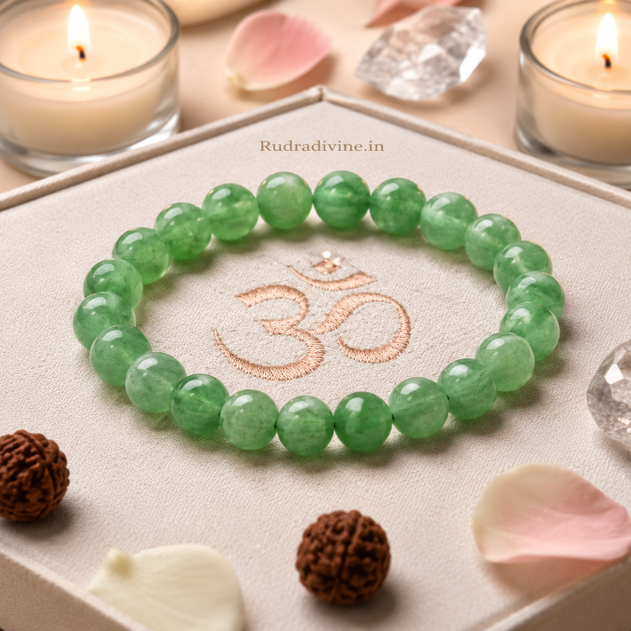 Green Aventurine Bracelet with natural 8MM gemstone beads, lab certified by Rudradivine for prosperity, emotional healing, positive energy and daily wear.