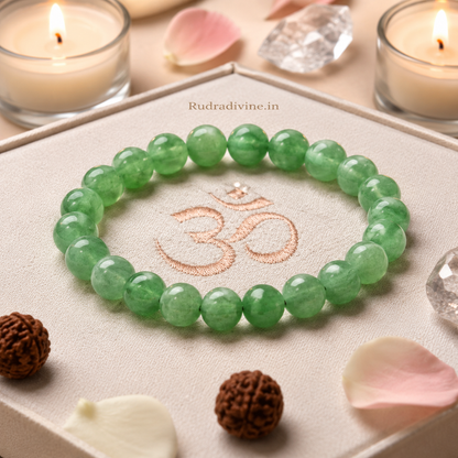 Green Aventurine Bracelet with natural 8MM gemstone beads, lab certified by Rudradivine for prosperity, emotional healing, positive energy and daily wear.