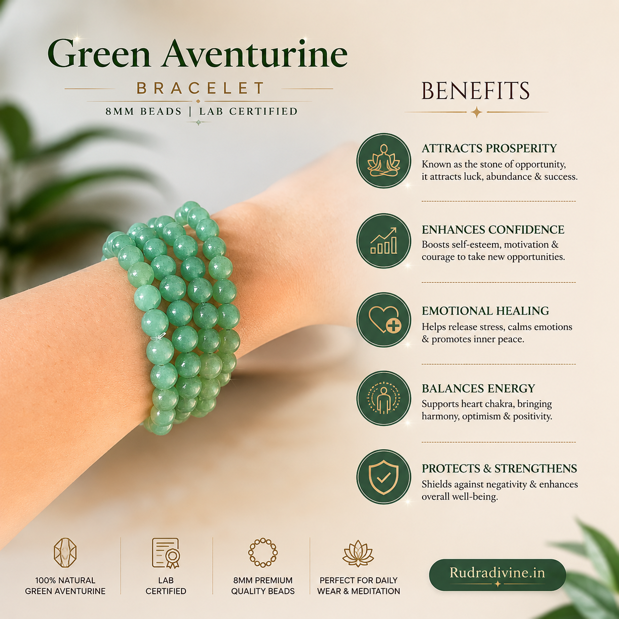 Green Aventurine Bracelet with natural 8MM gemstone beads, lab certified by Rudradivine for prosperity, emotional healing, positive energy and daily wear.
