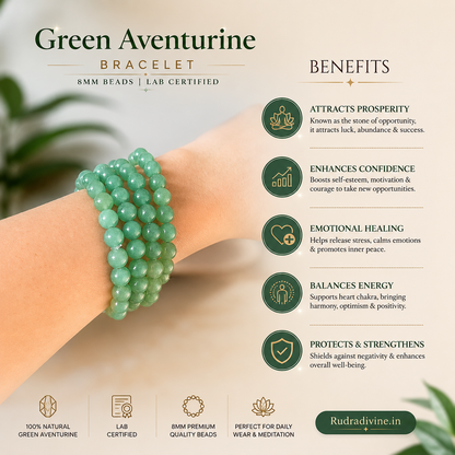 Green Aventurine Bracelet with natural 8MM gemstone beads, lab certified by Rudradivine for prosperity, emotional healing, positive energy and daily wear.