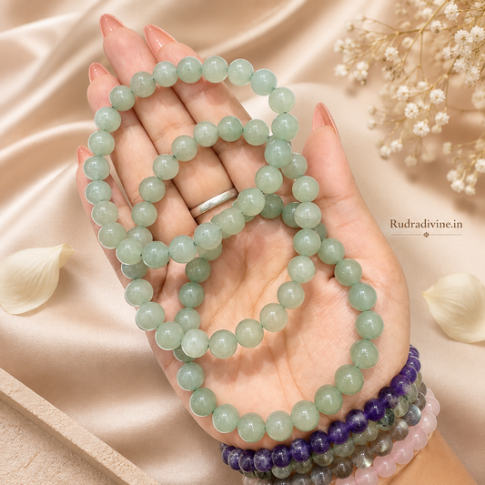 Green Aventurine Bracelet with natural 8MM gemstone beads, lab certified by Rudradivine for prosperity, emotional healing, positive energy and daily wear.