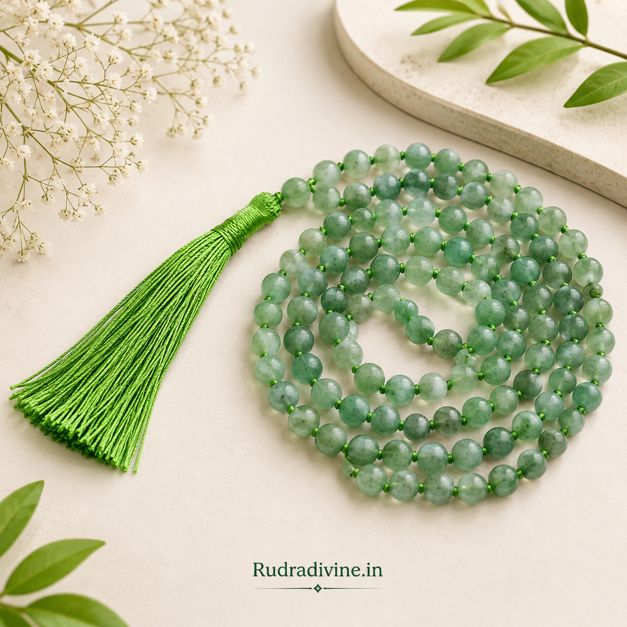 Green Aventurine Mala 108+1 Beads crafted with natural 8MM Green Aventurine gemstones and official Lab Certificate by Rudradivine for prosperity, emotional healing and spiritual wellness.