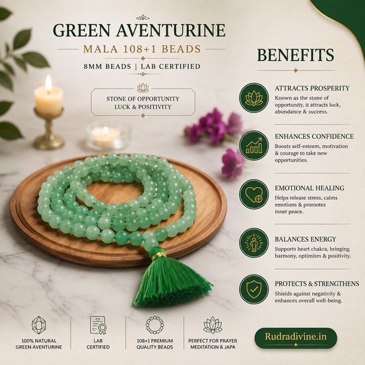 Green Aventurine Mala 108+1 Beads crafted with natural 8MM Green Aventurine gemstones and official Lab Certificate by Rudradivine for prosperity, emotional healing and spiritual wellness.