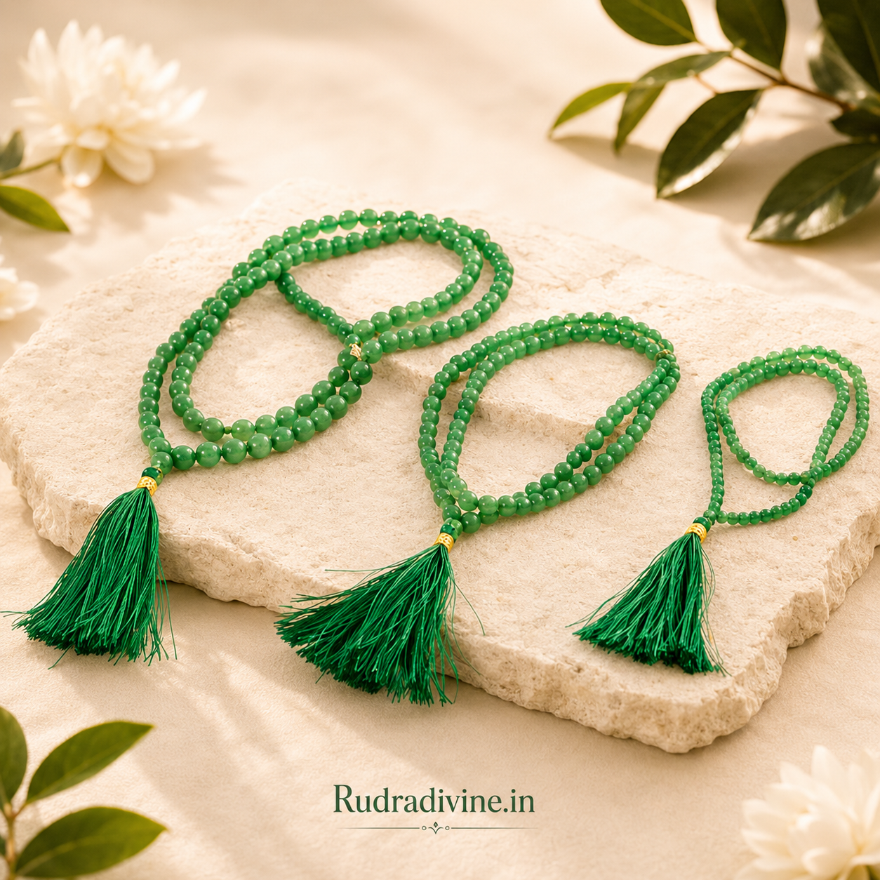Green Aventurine Mala 108+1 Beads crafted with natural 8MM Green Aventurine gemstones and official Lab Certificate by Rudradivine for prosperity, emotional healing and spiritual wellness.