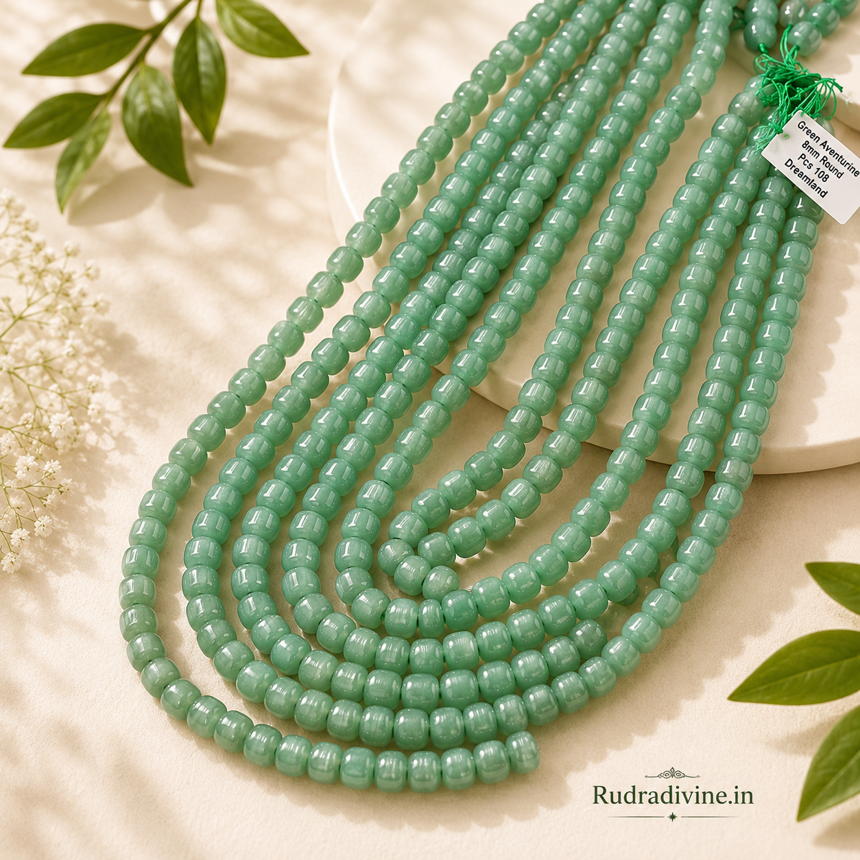 Green Aventurine Mala 108+1 Beads crafted with natural 8MM Green Aventurine gemstones and official Lab Certificate by Rudradivine for prosperity, emotional healing and spiritual wellness.