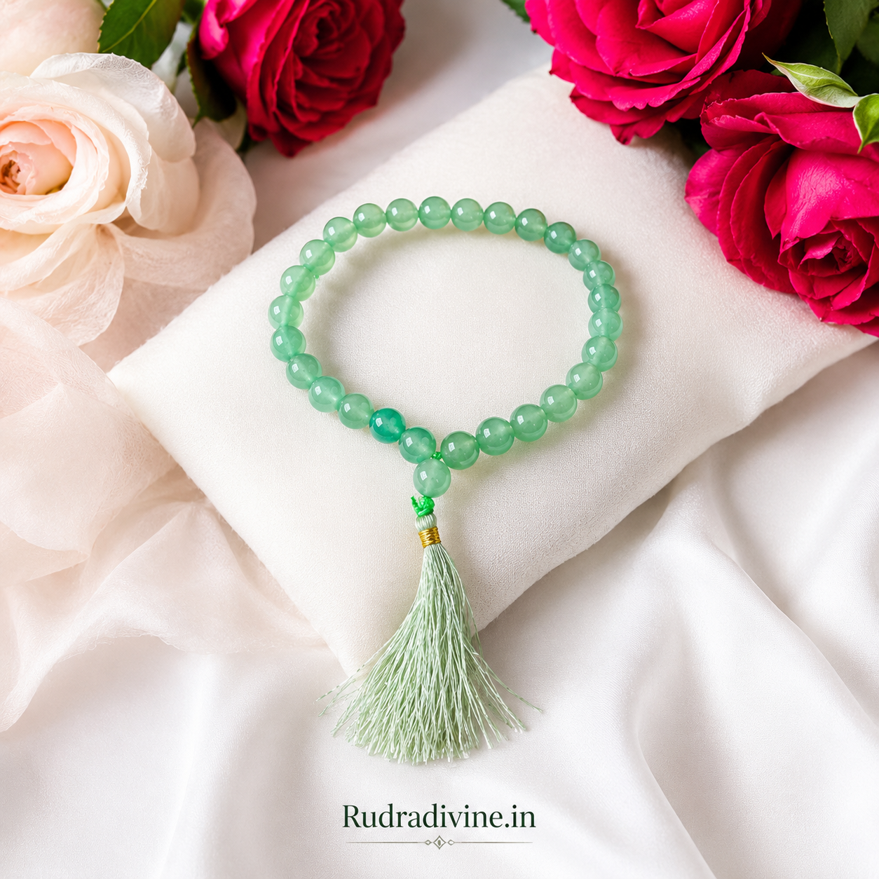 Green Aventurine Mala 27+1 Beads crafted with natural 8MM Green Aventurine gemstones and official Lab Certificate by Rudradivine for prosperity, emotional healing and spiritual wellness.