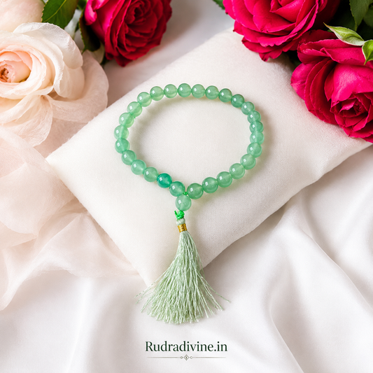 Green Aventurine Mala 27+1 Beads crafted with natural 8MM Green Aventurine gemstones and official Lab Certificate by Rudradivine for prosperity, emotional healing and spiritual wellness.