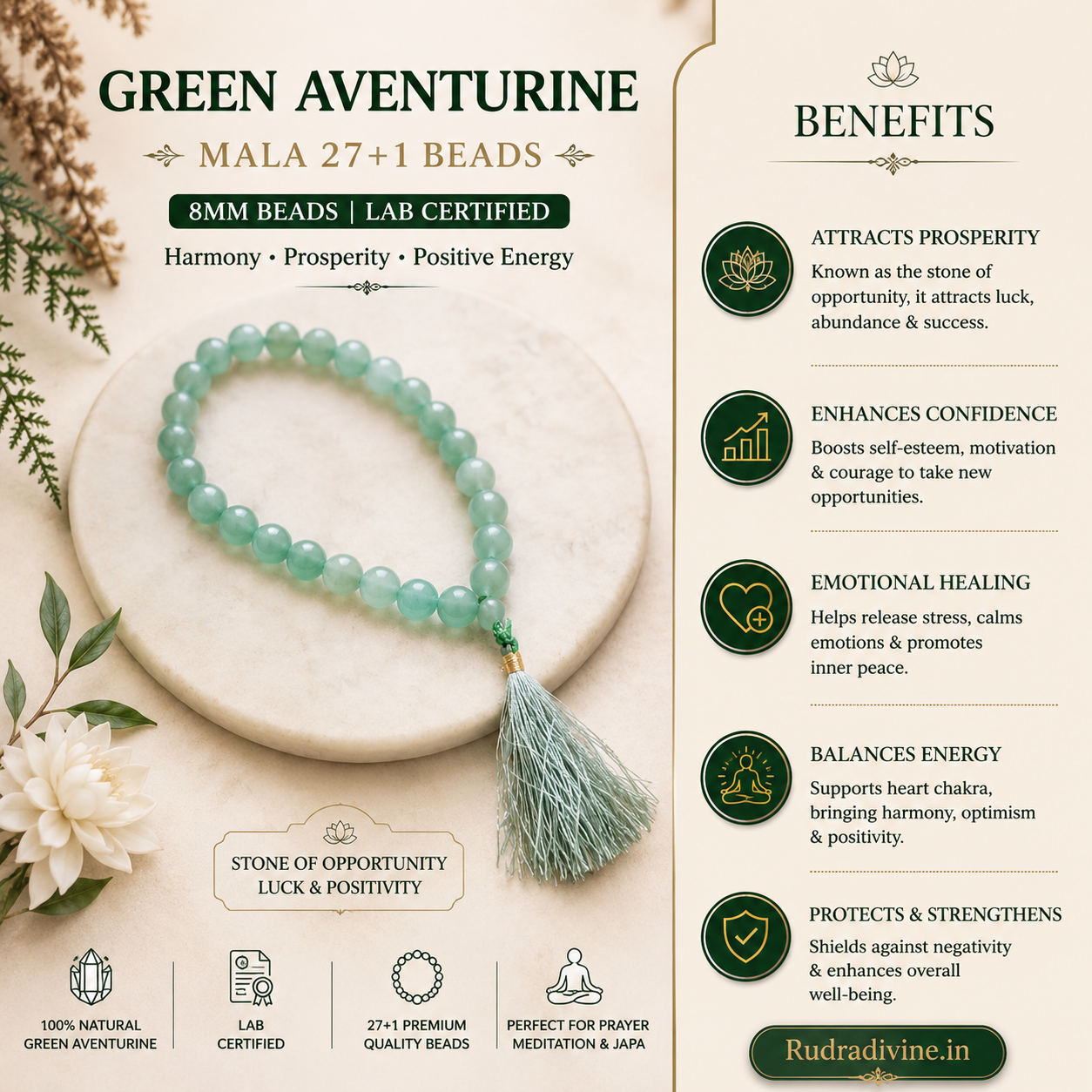 Green Aventurine Mala 27+1 Beads crafted with natural 8MM Green Aventurine gemstones and official Lab Certificate by Rudradivine for prosperity, emotional healing and spiritual wellness.