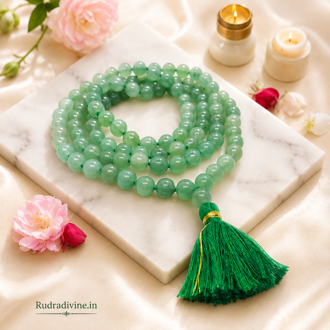 Green Aventurine Mala 54+1 Beads crafted with natural 8MM Green Aventurine gemstones and official Lab Certificate by Rudradivine for prosperity, emotional healing and spiritual wellness.