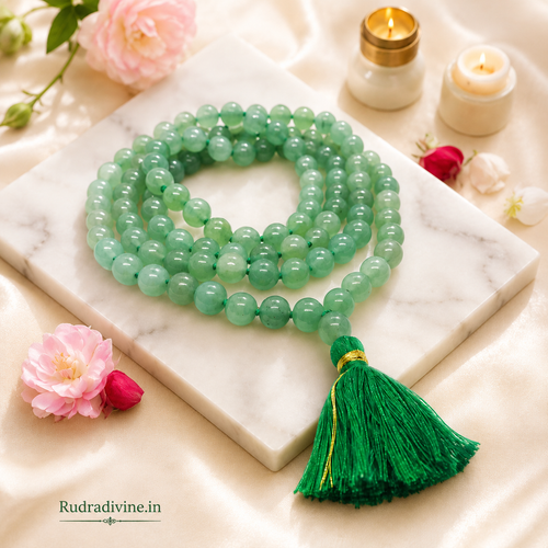 Green Aventurine Mala 54+1 Beads crafted with natural 8MM Green Aventurine gemstones and official Lab Certificate by Rudradivine for prosperity, emotional healing and spiritual wellness.