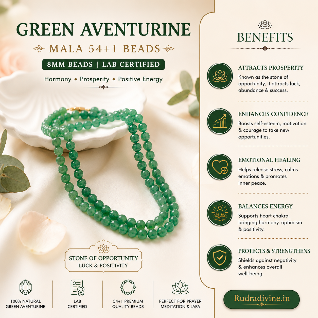 Green Aventurine Mala 54+1 Beads crafted with natural 8MM Green Aventurine gemstones and official Lab Certificate by Rudradivine for prosperity, emotional healing and spiritual wellness.