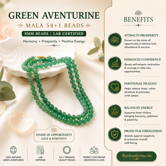 Green Aventurine Mala 54+1 Beads crafted with natural 8MM Green Aventurine gemstones and official Lab Certificate by Rudradivine for prosperity, emotional healing and spiritual wellness.