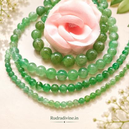 Green Aventurine Mala 54+1 Beads crafted with natural 8MM Green Aventurine gemstones and official Lab Certificate by Rudradivine for prosperity, emotional healing and spiritual wellness.