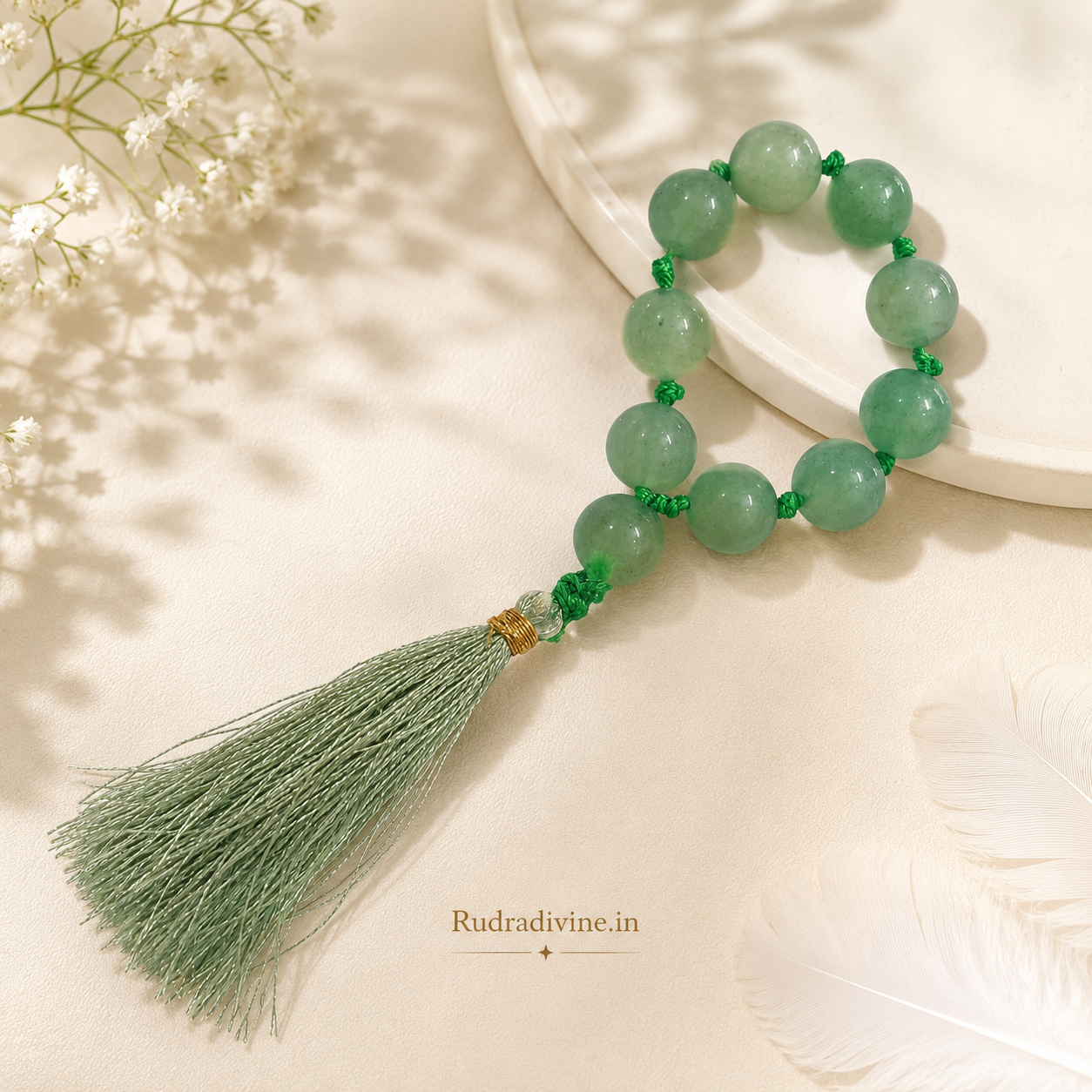 Green Aventurine Mala 9+1 Beads crafted with natural 8MM Green Aventurine gemstones and official Lab Certificate by Rudradivine for prosperity, emotional healing and spiritual wellness.
