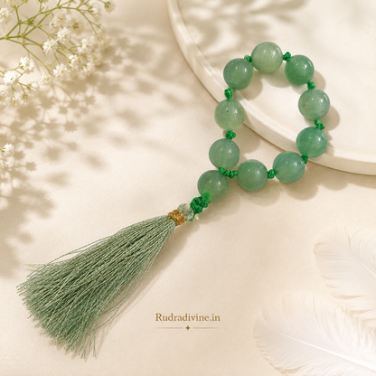 Green Aventurine Mala 9+1 Beads crafted with natural 8MM Green Aventurine gemstones and official Lab Certificate by Rudradivine for prosperity, emotional healing and spiritual wellness.