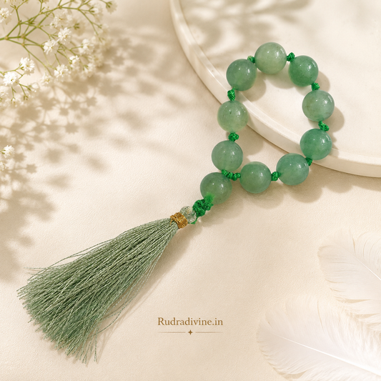 Green Aventurine Mala 9+1 Beads crafted with natural 8MM Green Aventurine gemstones and official Lab Certificate by Rudradivine for prosperity, emotional healing and spiritual wellness.