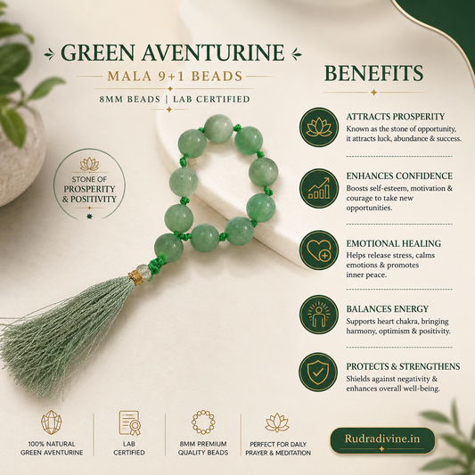 Green Aventurine Mala 9+1 Beads crafted with natural 8MM Green Aventurine gemstones and official Lab Certificate by Rudradivine for prosperity, emotional healing and spiritual wellness.