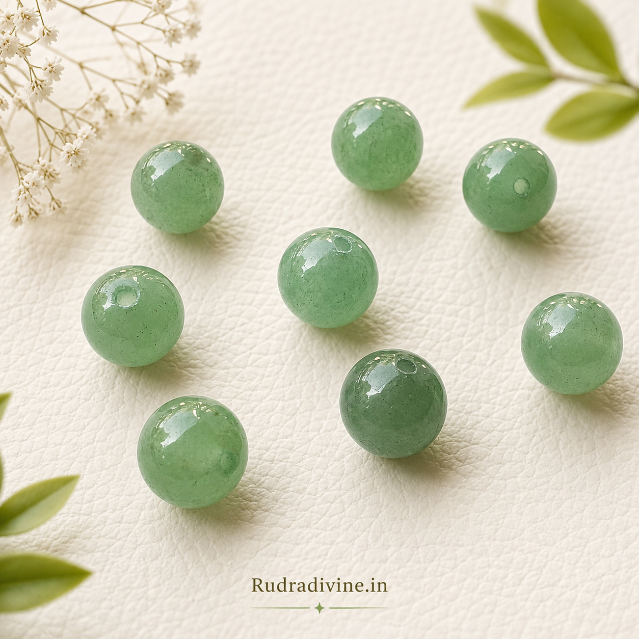 Green Aventurine Mala 9+1 Beads crafted with natural 8MM Green Aventurine gemstones and official Lab Certificate by Rudradivine for prosperity, emotional healing and spiritual wellness.
