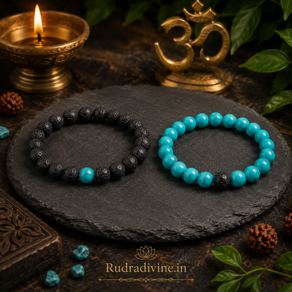 Grounded Hearts Bracelet Set featuring Lava Stone and Turquoise 8MM beads, lab certified by Rudradivine, symbolizing grounding, protection, balance and connection.