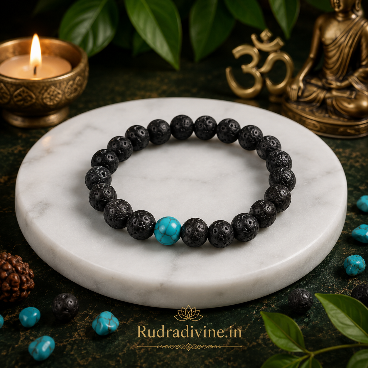 Grounded Hearts Bracelet Set featuring Lava Stone and Turquoise 8MM beads, lab certified by Rudradivine, symbolizing grounding, protection, balance and connection.