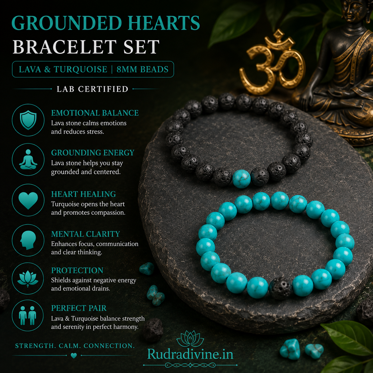 Grounded Hearts Bracelet Set featuring Lava Stone and Turquoise 8MM beads, lab certified by Rudradivine, symbolizing grounding, protection, balance and connection.
