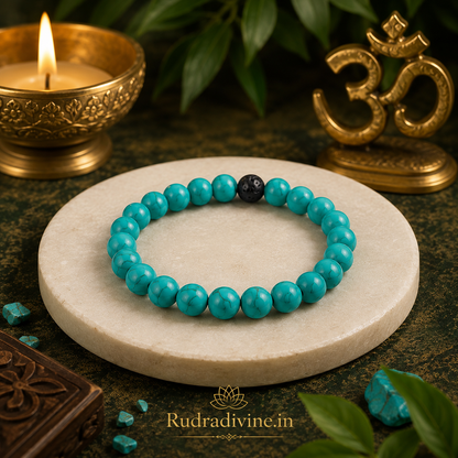 Grounded Hearts Bracelet Set featuring Lava Stone and Turquoise 8MM beads, lab certified by Rudradivine, symbolizing grounding, protection, balance and connection.