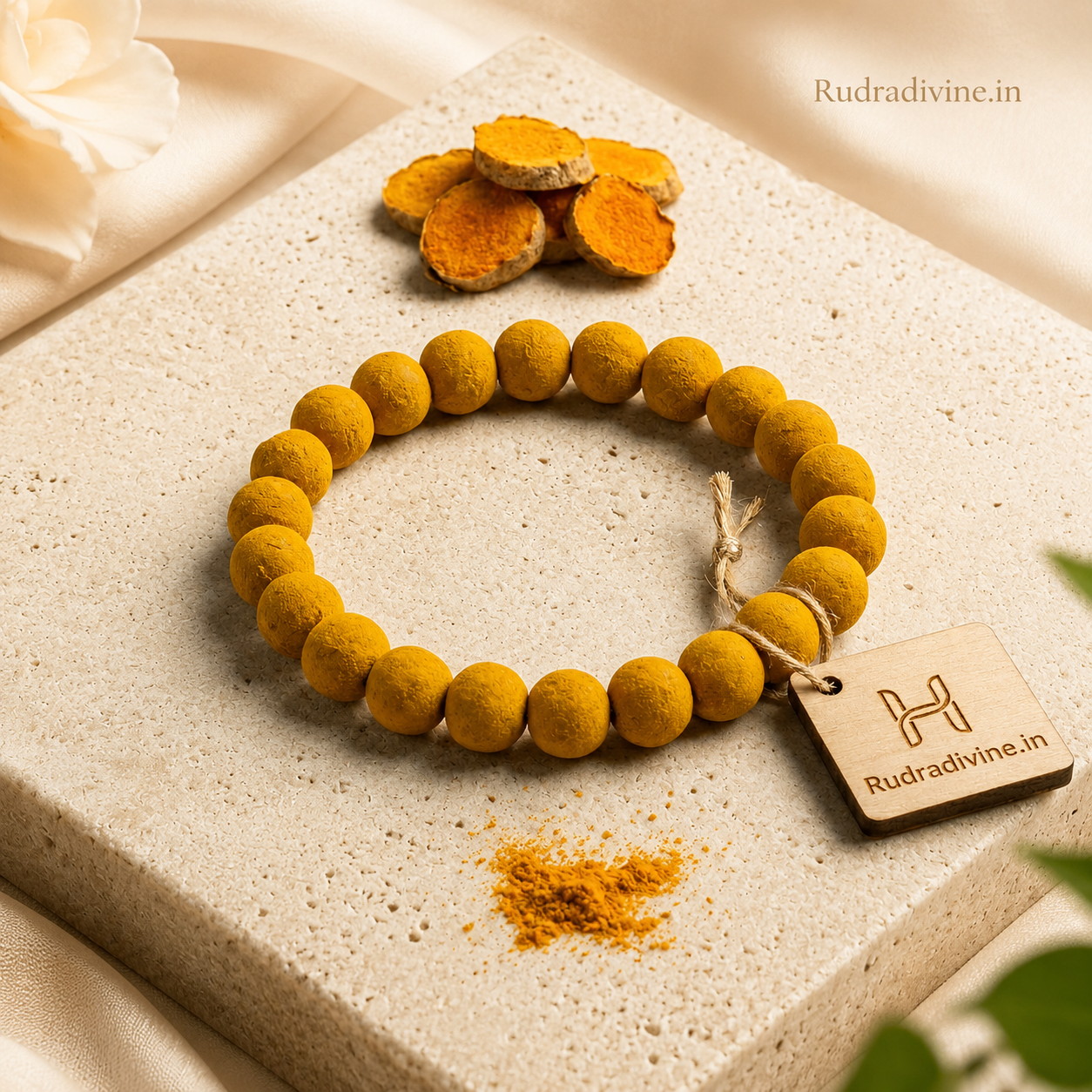 Haldi Bracelet 7-8MM crafted with natural turmeric beads and official Lab Certificate by Rudradivine for Guru blessings, prosperity, daily wear, and spiritual well-being.
