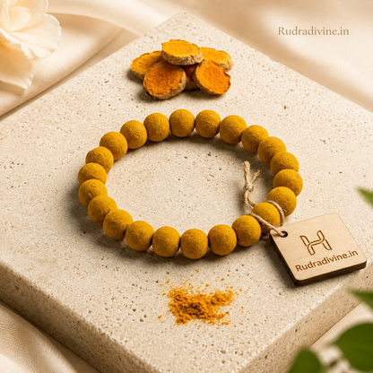 Haldi Bracelet 7-8MM crafted with natural turmeric beads and official Lab Certificate by Rudradivine for Guru blessings, prosperity, daily wear, and spiritual well-being.
