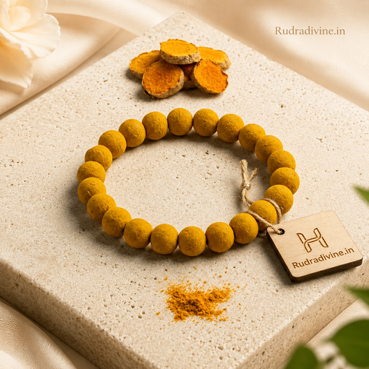 Haldi Bracelet 7-8MM crafted with natural turmeric beads and official Lab Certificate by Rudradivine for Guru blessings, prosperity, daily wear, and spiritual well-being.