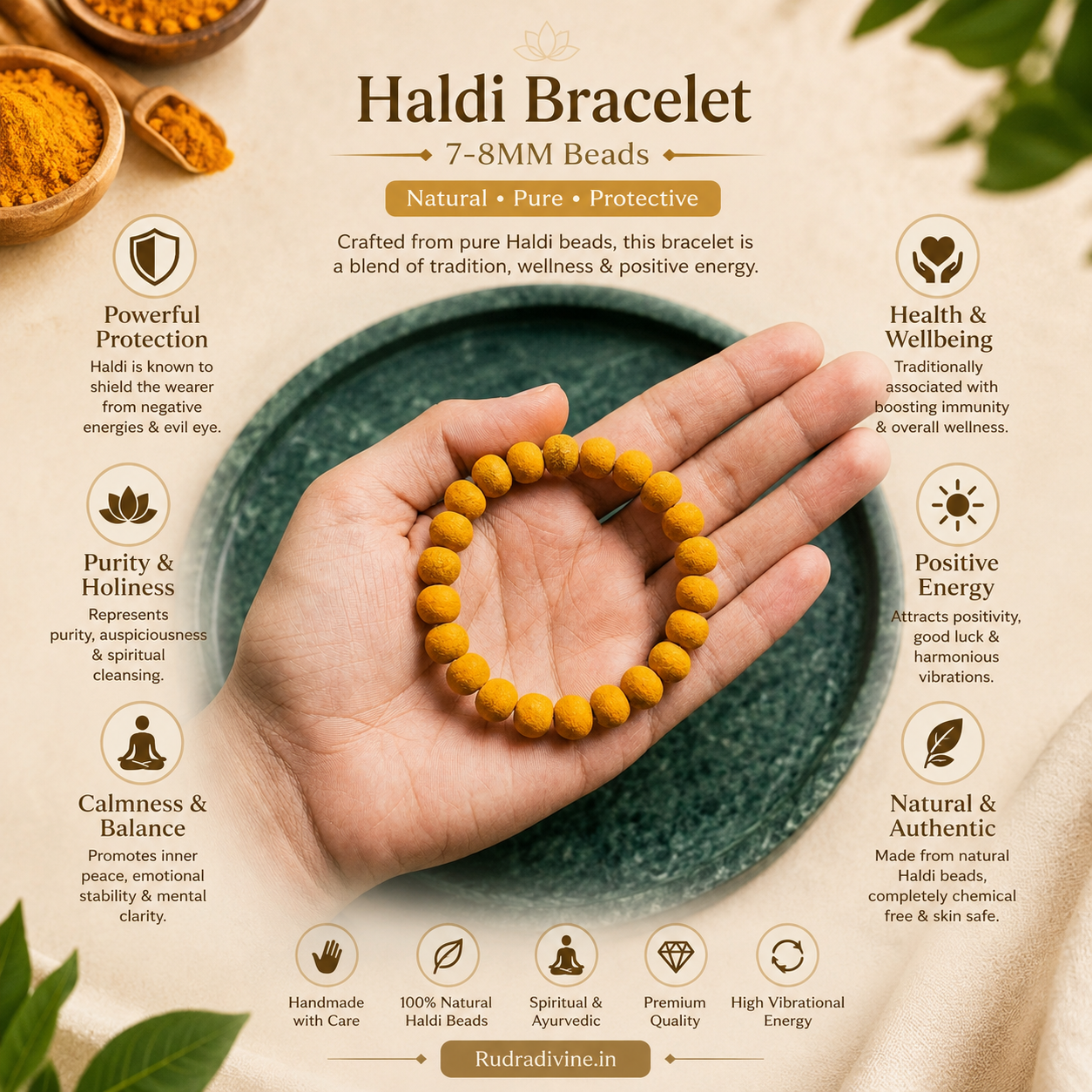Haldi Bracelet 7-8MM crafted with natural turmeric beads and official Lab Certificate by Rudradivine for Guru blessings, prosperity, daily wear, and spiritual well-being.