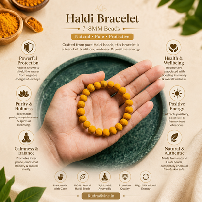 Haldi Bracelet 7-8MM crafted with natural turmeric beads and official Lab Certificate by Rudradivine for Guru blessings, prosperity, daily wear, and spiritual well-being.