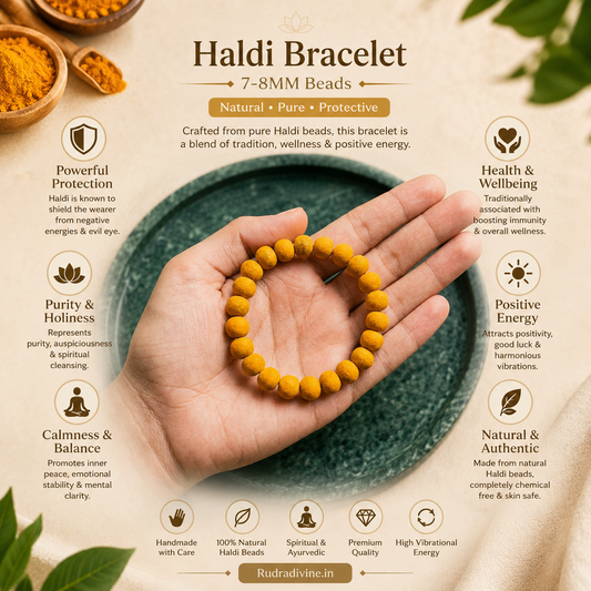 Haldi Bracelet 7-8MM crafted with natural turmeric beads and official Lab Certificate by Rudradivine for Guru blessings, prosperity, daily wear, and spiritual well-being.