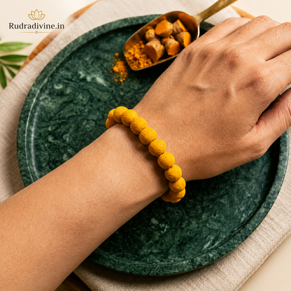 Haldi Bracelet 7-8MM crafted with natural turmeric beads and official Lab Certificate by Rudradivine for Guru blessings, prosperity, daily wear, and spiritual well-being.