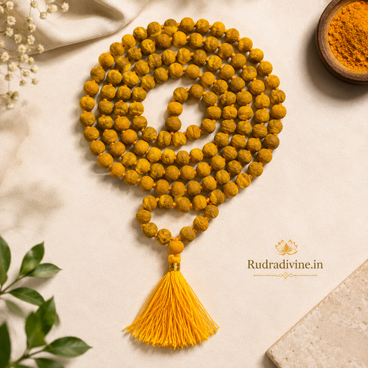 Haldi Mala 108+1 Beads 7-8MM crafted with natural turmeric beads and official Lab Certificate by Rudradivine for Guru blessings, prosperity, mantra chanting, and spiritual devotion.