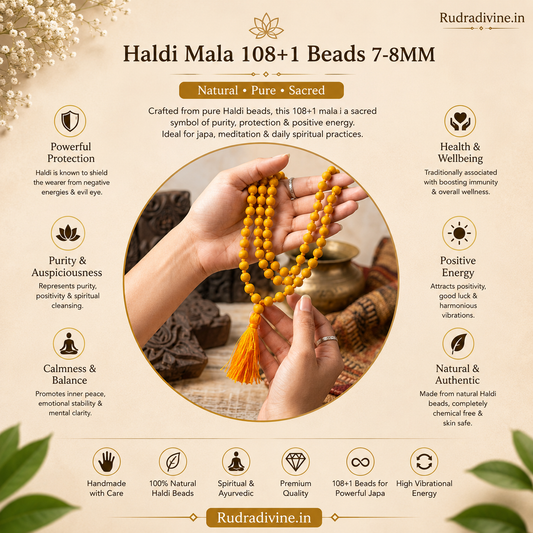 Haldi Mala 108+1 Beads 7-8MM crafted with natural turmeric beads and official Lab Certificate by Rudradivine for Guru blessings, prosperity, mantra chanting, and spiritual devotion.