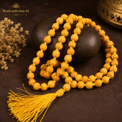 Haldi Mala 108+1 Beads 7-8MM crafted with natural turmeric beads and official Lab Certificate by Rudradivine for Guru blessings, prosperity, mantra chanting, and spiritual devotion.